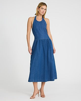Express Women's Denim Halter Drop Waist Fit And Flare Smocked Back Midi Dress in Blue Small