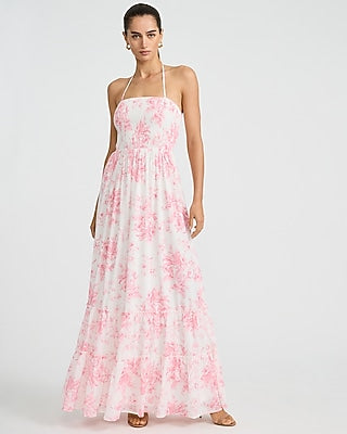 Express Women's Floral Halter Smocked Back Cutout Tiered Maxi Dress in Coral Peach
