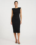 Express Women's Crepe Crew Neck Cap Sleeve Ruched Midi Dress in Black Small