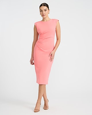Express Women's Crepe Crew Neck Cap Sleeve Ruched Midi Dress in Pink Small