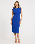Express Women's Crepe Crew Neck Cap Sleeve Ruched Midi Dress in Blue Small