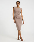 Express Women's Crepe Crew Neck Cap Sleeve Ruched Midi Dress in Mushroom