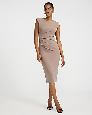Express Women's Crepe Crew Neck Cap Sleeve Ruched Midi Dress in Mushroom