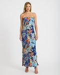 Express Women's Satin Floral Strapless Tie Back Maxi Tube Dress in Blue Print