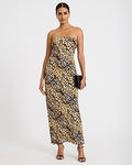 Express Women's Satin Leopard Strapless Tie Back Maxi Tube Dress in Brown Plaid