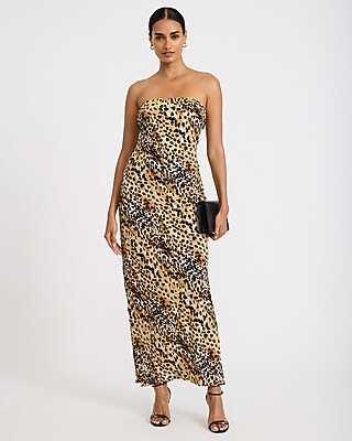 Express Women's Satin Leopard Strapless Tie Back Maxi Tube Dress in Brown Plaid