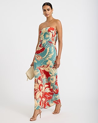 Express Women's Satin Printed Strapless Tie Back Maxi Tube Dress in Red Small