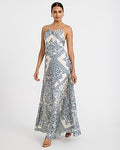 Express Women's Satin Printed Scoop Neck Belted Maxi Dress in Blue Small