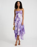 Express Women's Printed Pleated Tie Halter Sweetheart Asymmetrical Midi Dress in Purple Print