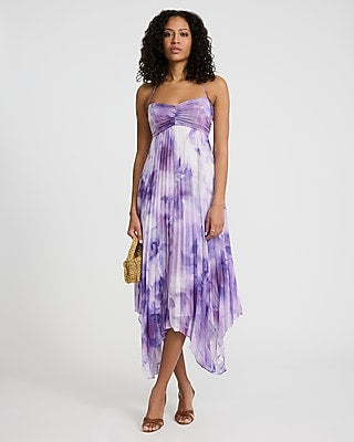 Express Women's Printed Pleated Tie Halter Sweetheart Asymmetrical Midi Dress in Purple Print