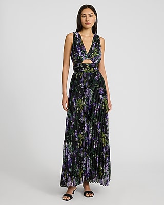 Express Women's Floral Pleated V-Neck Sleeveless Cutout Maxi Dress in Black Print