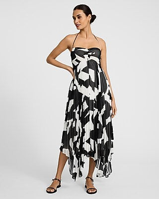 Express Women's Printed Pleated Tie Halter Sweetheart Asymmetrical Midi Dress in B&w Print