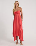 Express Women's Satin Pleated Tie Halter Sweetheart Asymmetrical Midi Dress in Hot Coral
