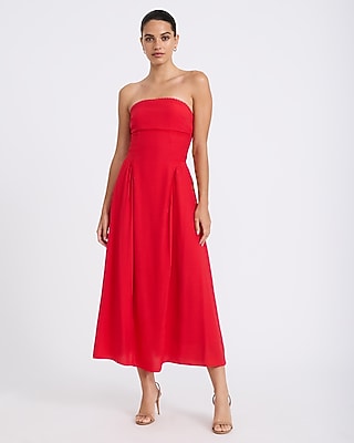 Express Women's Lace Trim Strapless Fit And Flare Maxi Dress in Red Small