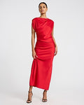 Express Women's Satin Asymmetrical Draped Maxi Dress in Lipstick Red