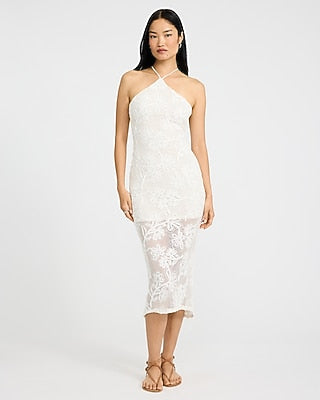 Express Women's Knit Crochet Halter Sleeveless Midi Dress in White Small