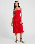Express Women's Lace Sleeveless Tie Strap Cutout Drop Waist Midi Dress in Bright Red