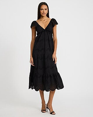 Express Women's Cotton Eyelet V-Neck Flutter Sleeve Tiered Midi Dress in Black Small