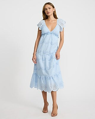 Express Women's Cotton Eyelet V-Neck Flutter Sleeve Tiered Midi Dress in Blue Small