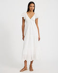 Express Women's Cotton Eyelet V-Neck Flutter Sleeve Tiered Midi Dress in White Small