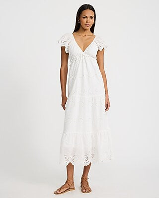 Express Women's Cotton Eyelet V-Neck Flutter Sleeve Tiered Midi Dress in White Small