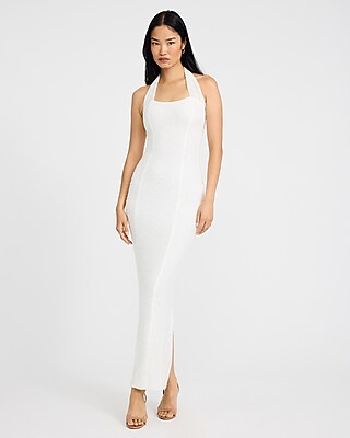 Express Women's Sheer Beaded Halter Sleeveless Maxi Dress in Cream