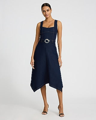Express Women's Denim Sweetheart Belted Asymmetrical Hem Midi Dress in Medium Wash