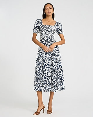 Express Women's Floral Square Neck Puff Sleeve Smocked Midi Dress Small
