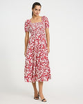 Express Women's Floral Square Neck Puff Sleeve Smocked Midi Dress in Red Small