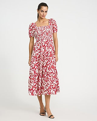 Express Women's Floral Square Neck Puff Sleeve Smocked Midi Dress in Red Small