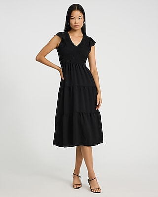Express Women's V-Neck Flutter Sleeve Smocked Tiered Midi Dress in Black Small