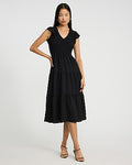 Express Women's V-Neck Flutter Sleeve Smocked Tiered Midi Dress in Pitch Black