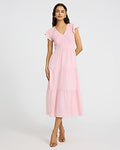 Express Women's V-Neck Flutter Sleeve Smocked Tiered Midi Dress in Pink Small
