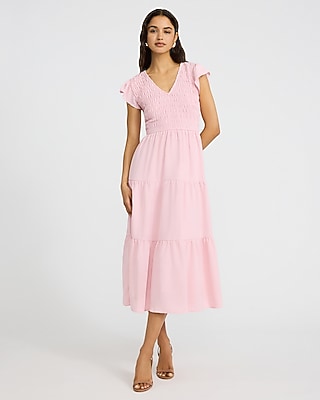 Express Women's V-Neck Flutter Sleeve Smocked Tiered Midi Dress in Pink Small