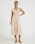 Express Women's V-Neck Flutter Sleeve Smocked Tiered Midi Dress in Neutral Small
