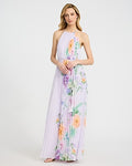 Express Women's Pleated Chiffon Halter Sleeveless Maxi Dress in Purple Print