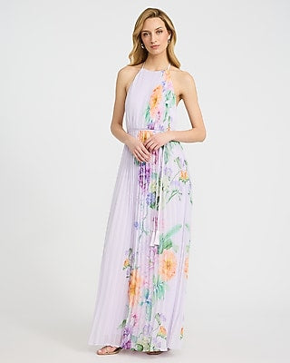 Express Women's Pleated Chiffon Halter Sleeveless Maxi Dress in Purple Print