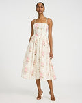 Express Women's Floral Square Neck Dipped Waist Smocked Back Midi Dress in Neutral Print