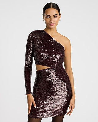 Express Women's Sequin One Shoulder Cutout Mini Dress in Burgundy