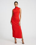Express Women's Crepe Mock Neck Sleeveless Ruched Maxi Dress in Vibrant Red
