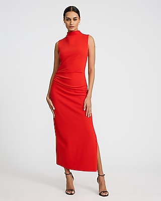 Express Women's Crepe Mock Neck Sleeveless Ruched Maxi Dress in Vibrant Red