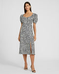 Express Women's Dot V-Neck Short Puff Sleeve Midi Dress With Pockets in Neutral Print