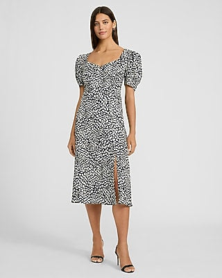 Express Women's Dot V-Neck Short Puff Sleeve Midi Dress With Pockets in Neutral Print