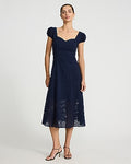 Express Women's Eyelet Sweetheart Cap Sleeve Smocked Back Midi Dress in Blue Small
