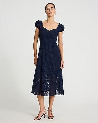Express Women's Eyelet Sweetheart Cap Sleeve Smocked Back Midi Dress in Blue Small