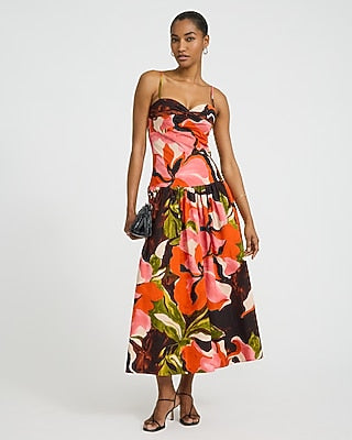 Express Women's Floral Poplin Sweetheart Drop Waist Smocked Back Maxi Dress With Pockets in Multi