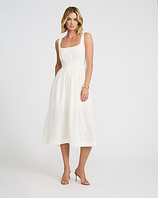 Express Women's Summer-Blend Linen Basque Waist Smocked Back Midi Dress With Pockets in Ivory