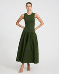 Express Women's Mixed Media Crew Neck Drop Waist Maxi Dress With Pockets in Fern