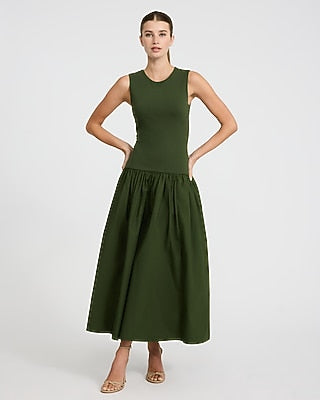 Express Women's Mixed Media Crew Neck Drop Waist Maxi Dress With Pockets in Fern