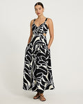 Express Women's Cotton Poplin Printed Cutout Drop Waist Smocked Back Maxi Dress With Pockets in B&w Print